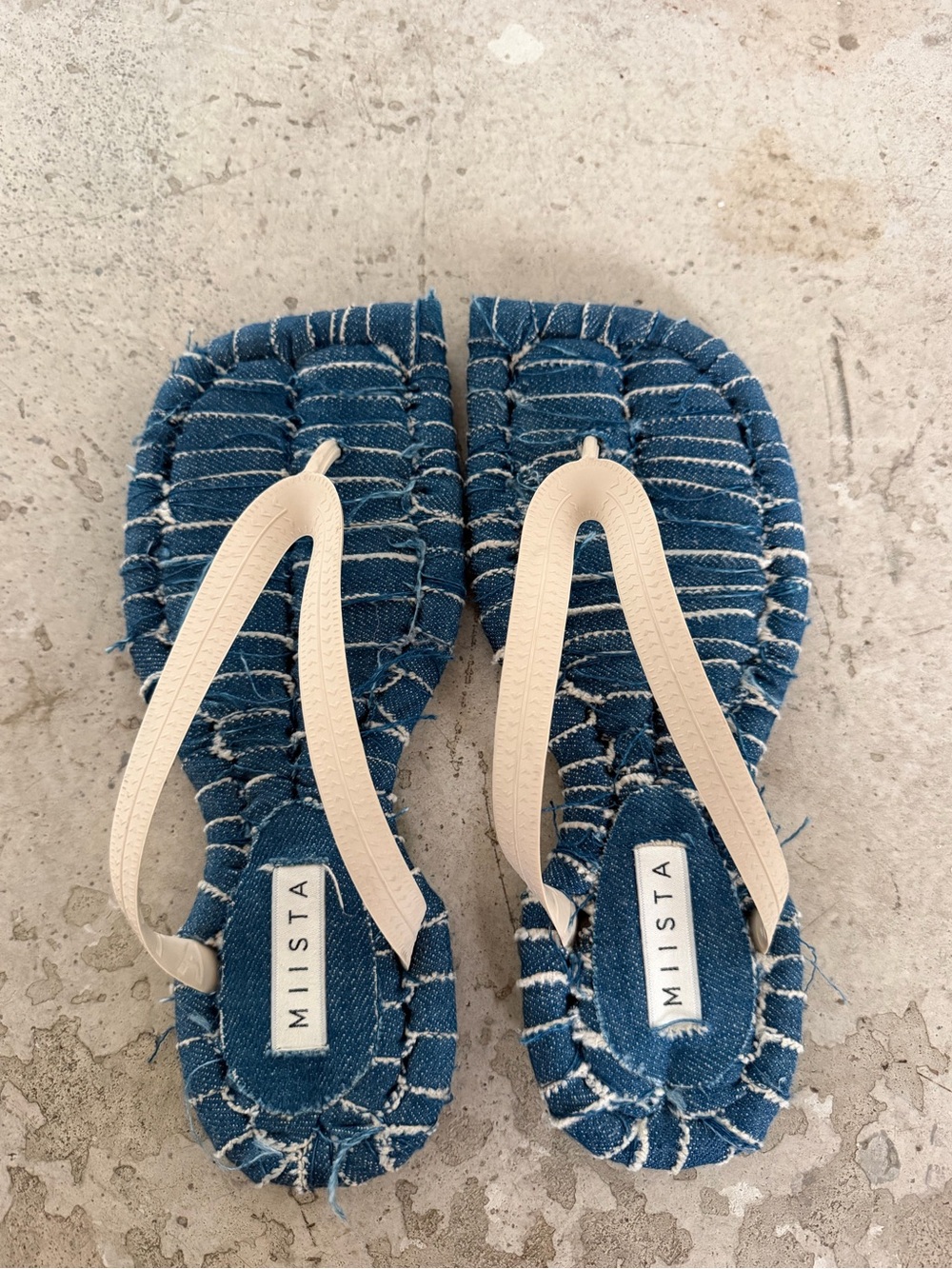 Miista Denim Distressed Patchwork Flip Flop Sandals with Cream Straps